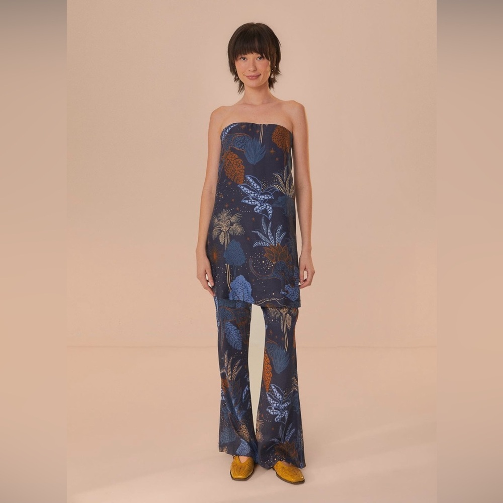 Farm Rio Navy Blue Night Jungle Strapless Blouse